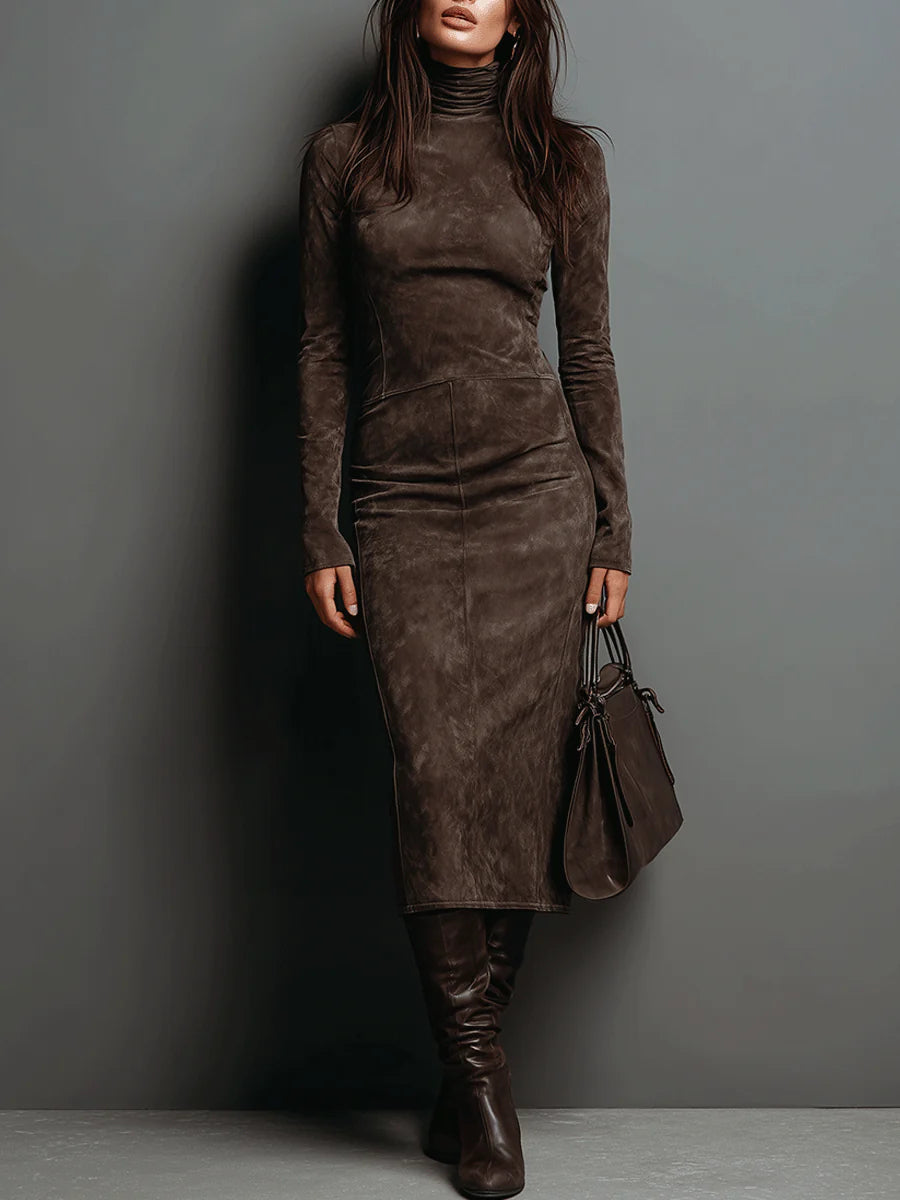 Maisie | Refined Suede High Neck Dress — Chocolate Brown — Alfa Empire, view 1