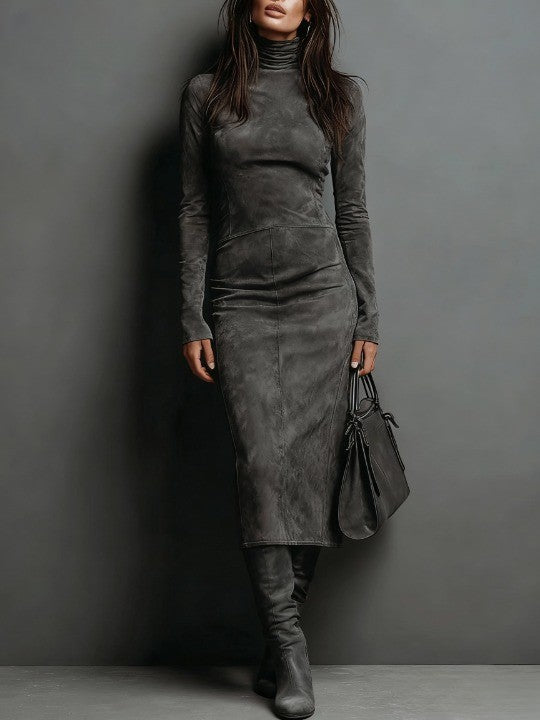 Maisie | Refined Suede High Neck Dress — Dark Gray — Alfa Empire, view 2