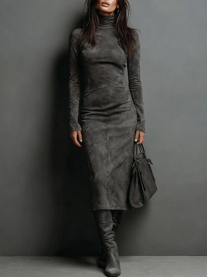 Maisie | Refined Suede High Neck Dress — Dark Gray — Alfa Empire, view 2