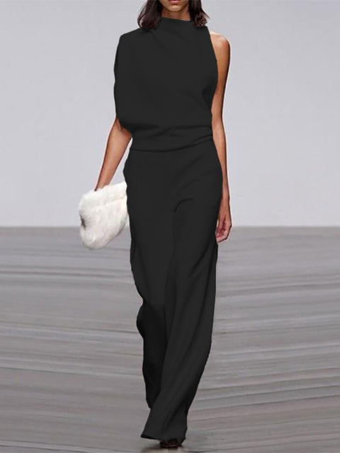 Maisy | Refined Sleeveless Draped Wide-Leg Jumpsuit — Black — Alfa Empire, view 1