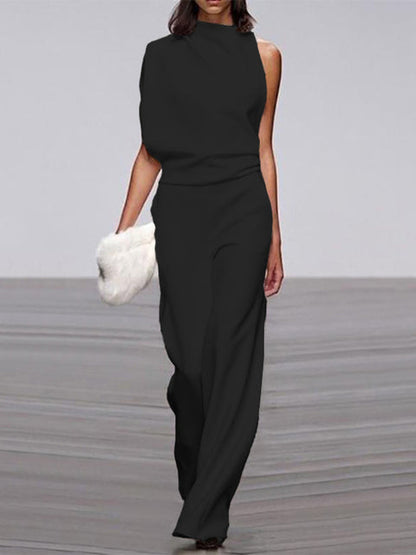 Maisy | Refined Sleeveless Draped Wide-Leg Jumpsuit — Black — Alfa Empire, view 1
