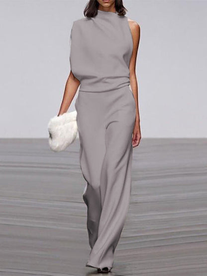 Maisy | Refined Sleeveless Draped Wide-Leg Jumpsuit — Dark Gray — Alfa Empire, view 2