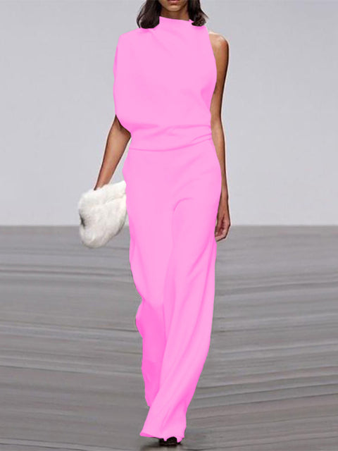Maisy | Refined Sleeveless Draped Wide-Leg Jumpsuit — Pink — Alfa Empire, view 3