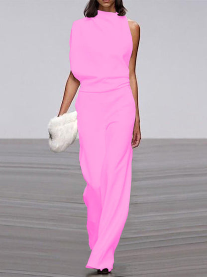 Maisy | Refined Sleeveless Draped Wide-Leg Jumpsuit — Pink — Alfa Empire, view 3
