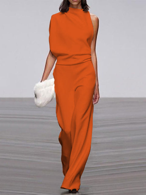 Maisy | Refined Sleeveless Draped Wide-Leg Jumpsuit — Orange — Alfa Empire, view 6