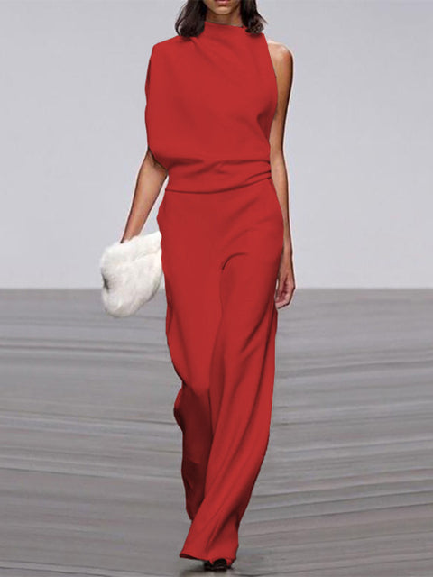 Maisy | Refined Sleeveless Draped Wide-Leg Jumpsuit — Red — Alfa Empire, view 7