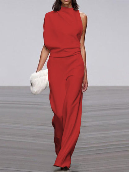Maisy | Refined Sleeveless Draped Wide-Leg Jumpsuit — Red — Alfa Empire, view 7