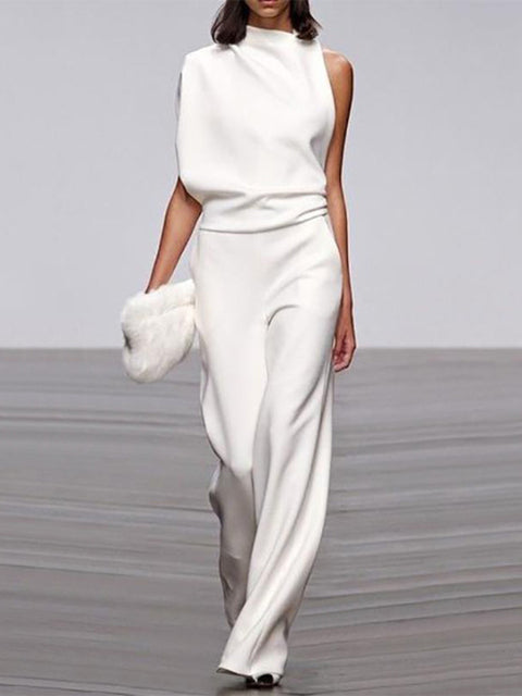 Maisy | Refined Sleeveless Draped Wide-Leg Jumpsuit — Weiss — Alfa Empire, view 8