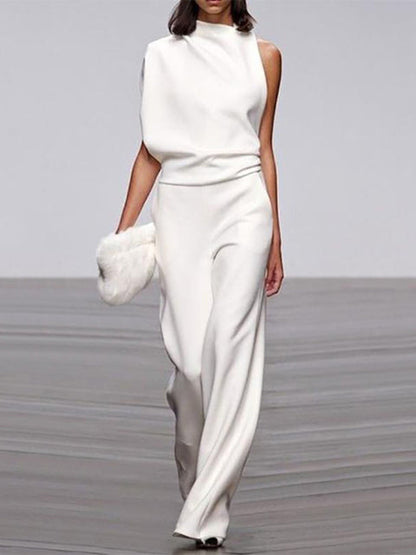 Maisy | Refined Sleeveless Draped Wide-Leg Jumpsuit — Weiss — Alfa Empire, view 8