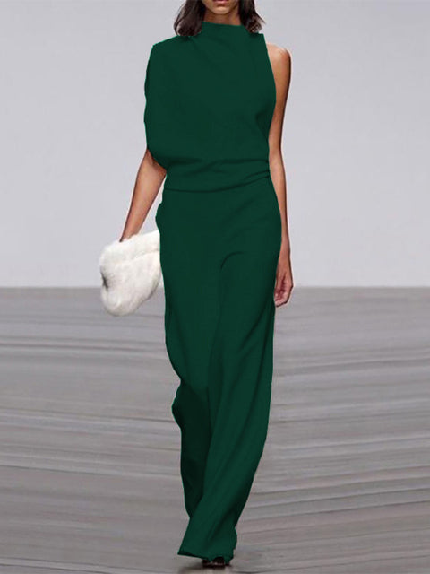 Maisy | Refined Sleeveless Draped Wide-Leg Jumpsuit — Dark Green — Alfa Empire, view 11