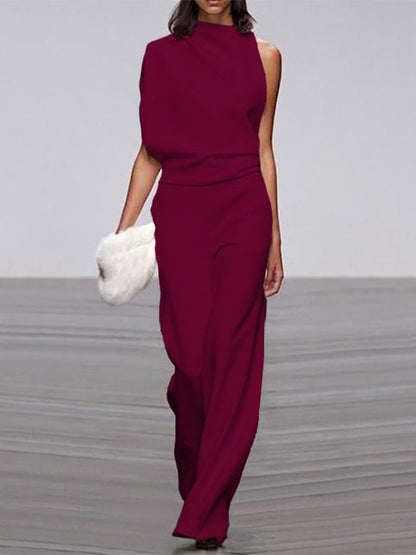 Maisy | Refined Sleeveless Draped Wide-Leg Jumpsuit — Wine Red — Alfa Empire, view 13