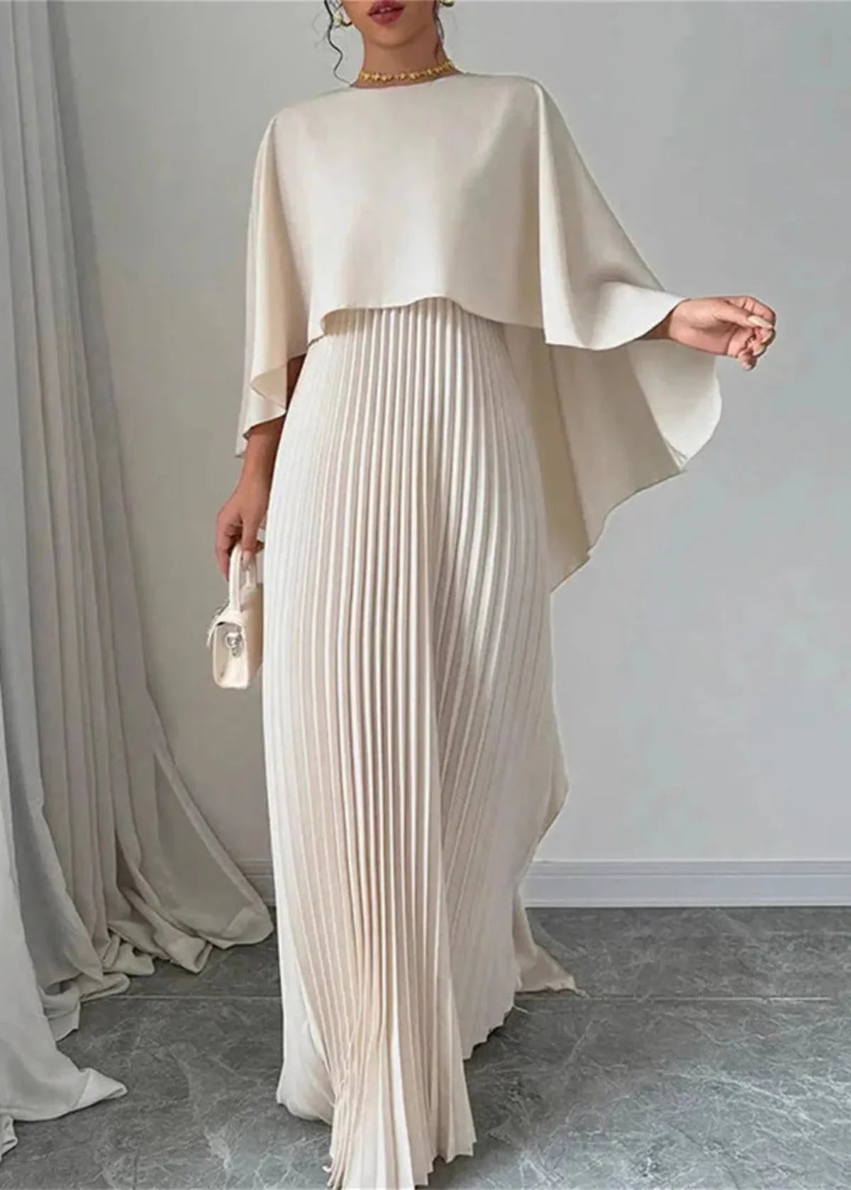 Makayla | Modern Pleated Cape Maxi Dress — Beige — Alfa Empire, view 1
