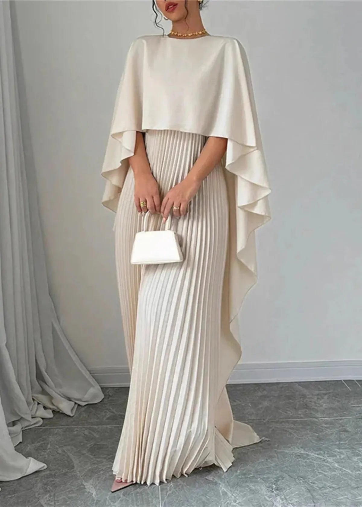 Makayla | Modern Pleated Cape Maxi Dress — Alfa Empire, view 3