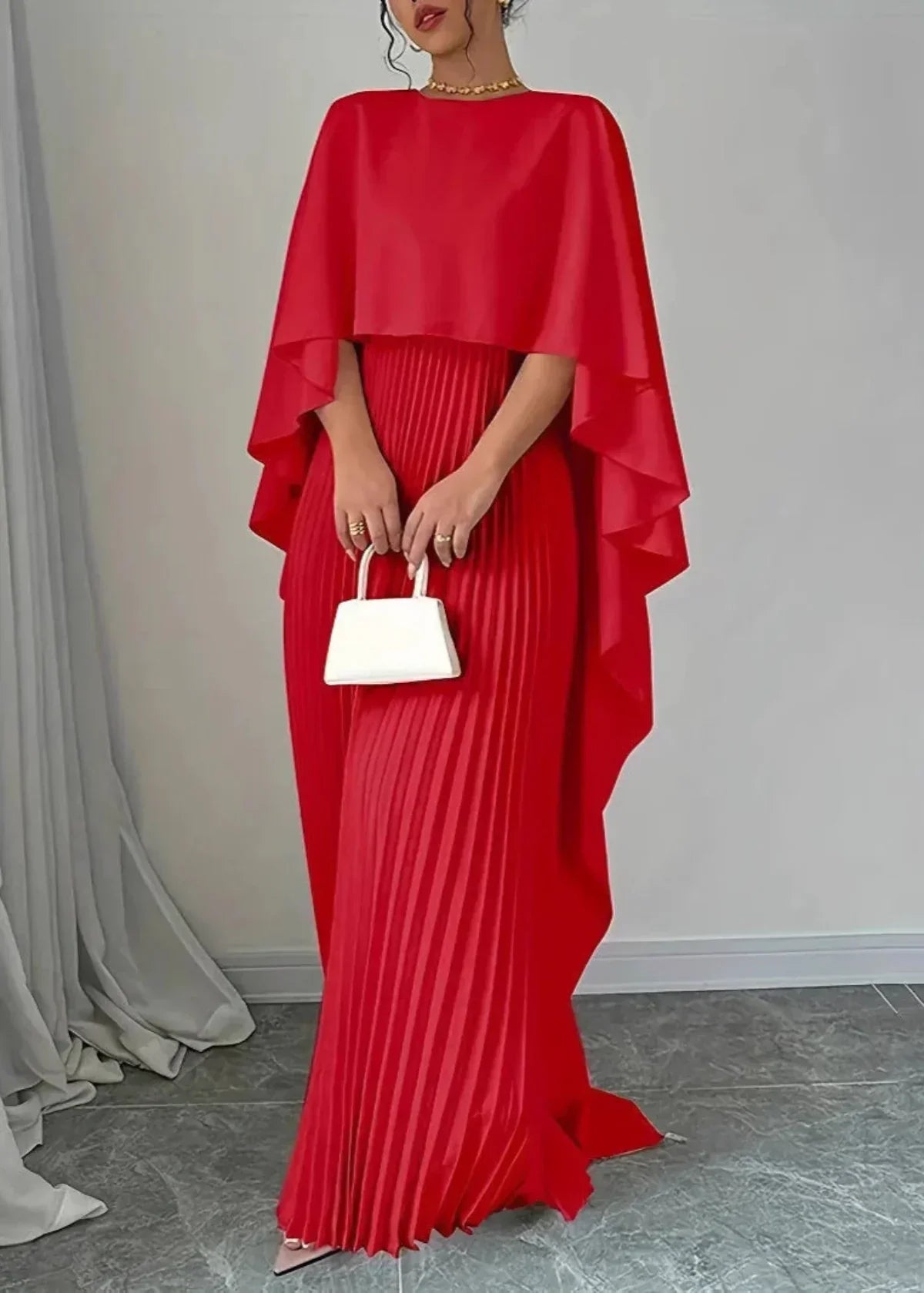 Makayla | Modern Pleated Cape Maxi Dress — Red — Alfa Empire, view 4