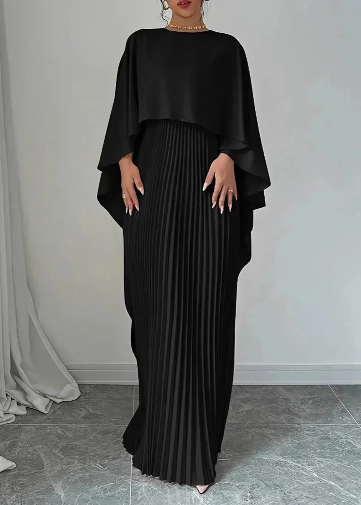 Makayla | Modern Pleated Cape Maxi Dress — Black — Alfa Empire, view 5