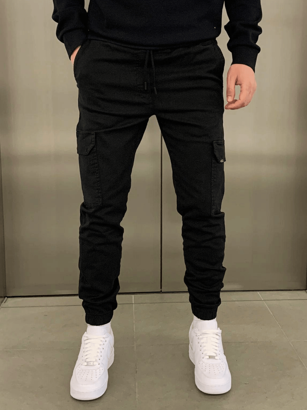 Malcolm | Sleek Tie-Waist Cargo Pants — Black — Alfa Empire, view 1
