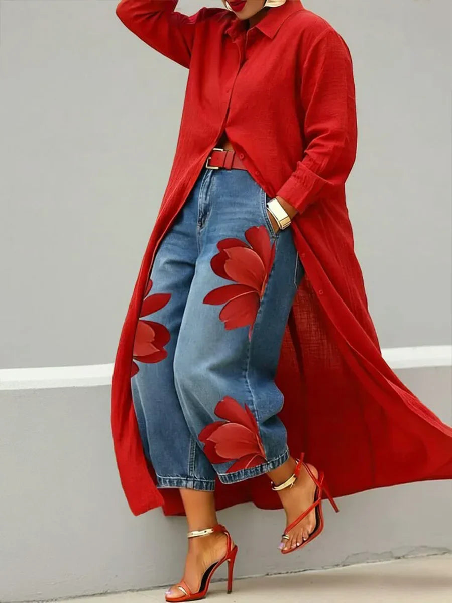 Mallory | Modern Shirt Dress and Floral Jeans Set — Red — Alfa Empire, view 1