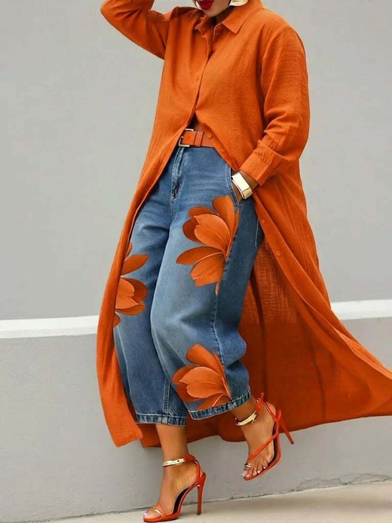 Mallory | Modern Shirt Dress and Floral Jeans Set — Orange — Alfa Empire, view 2