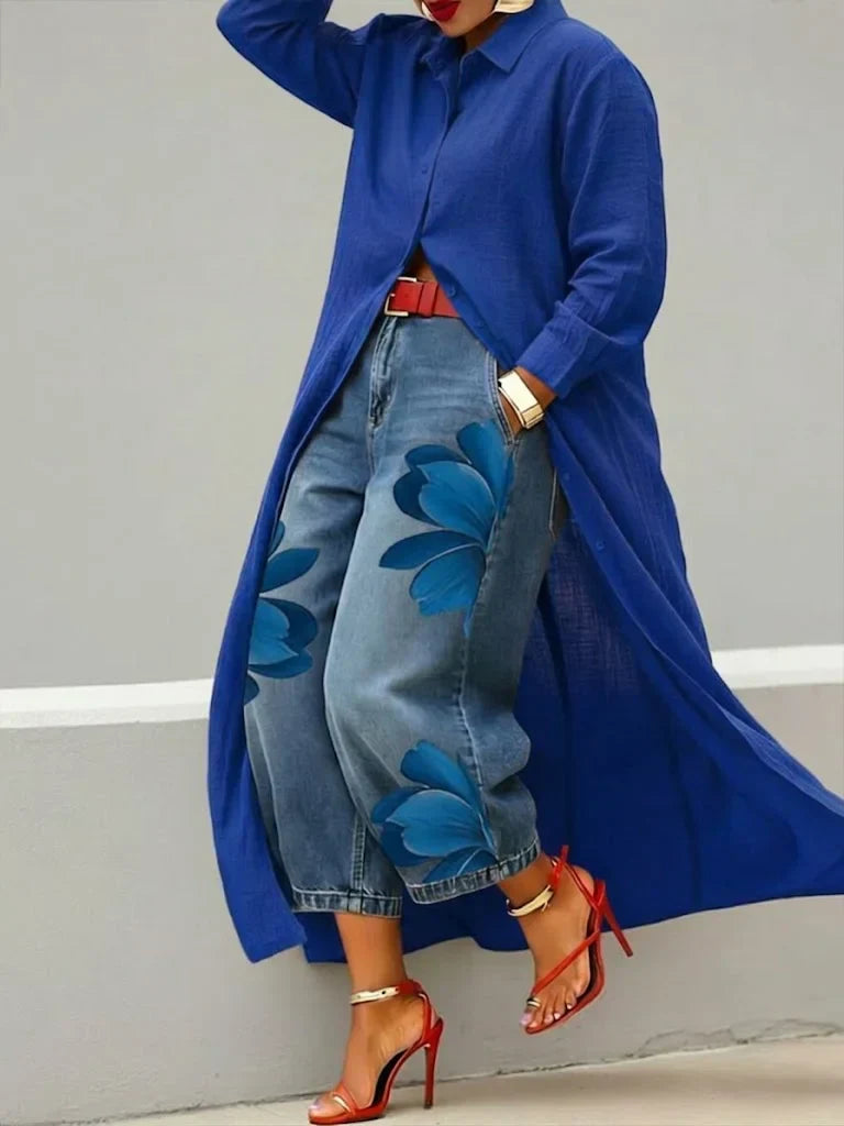 Mallory | Modern Shirt Dress and Floral Jeans Set — Blue — Alfa Empire, view 3