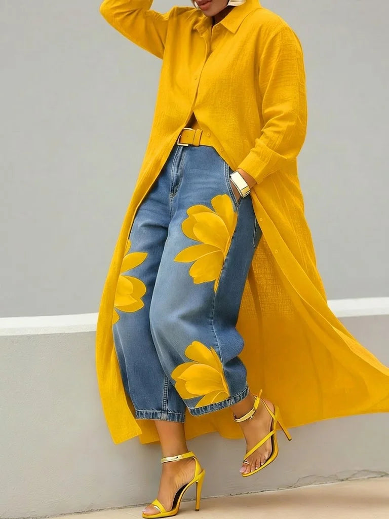 Mallory | Modern Shirt Dress and Floral Jeans Set — Yellow — Alfa Empire, view 4