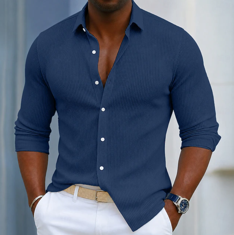 Marco | Slim Fit Textured Henley Wrap Shirt — Navy Blue — Alfa Empire, view 4