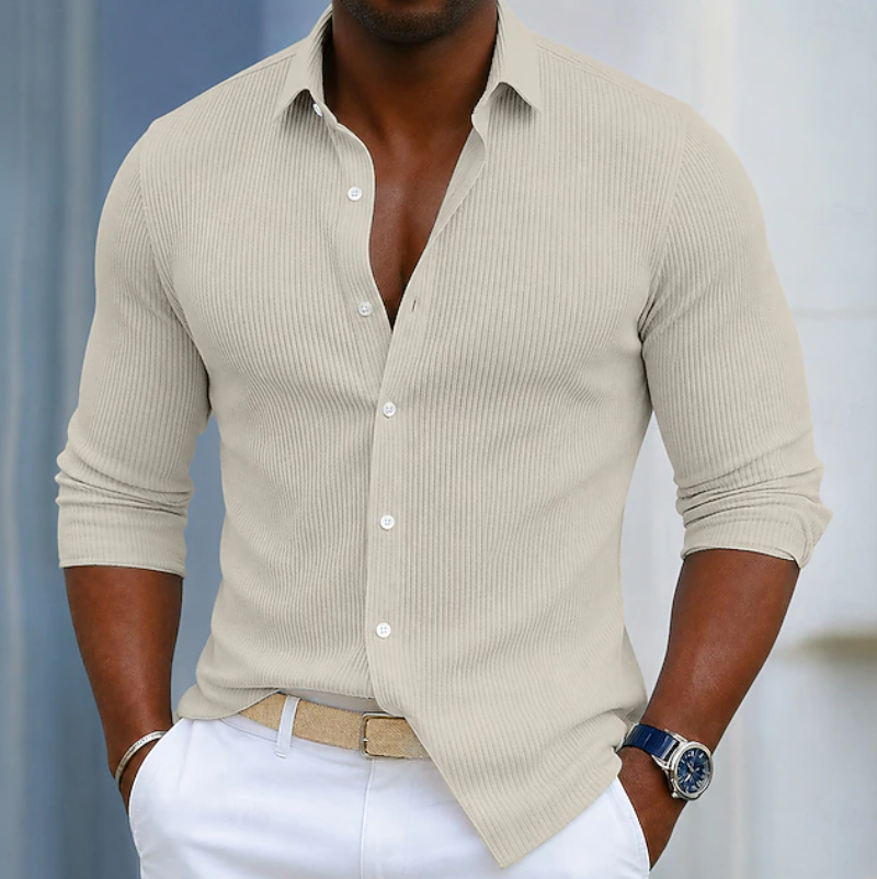 Marco | Slim Fit Textured Henley Wrap Shirt — Beige — Alfa Empire, view 5