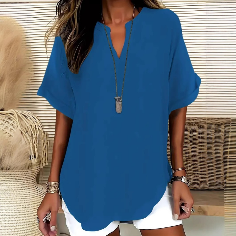 Margaux | Modern Mid Sleeve V-Neck Blouse — Light Blue — Alfa Empire, view 2