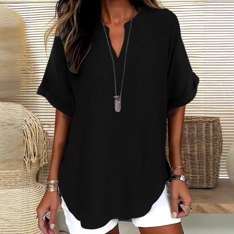 Margaux | Modern Mid Sleeve V-Neck Blouse — Black — Alfa Empire, view 3
