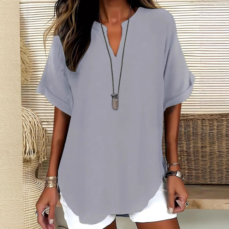 Margaux | Modern Mid Sleeve V-Neck Blouse — Gray — Alfa Empire, view 4