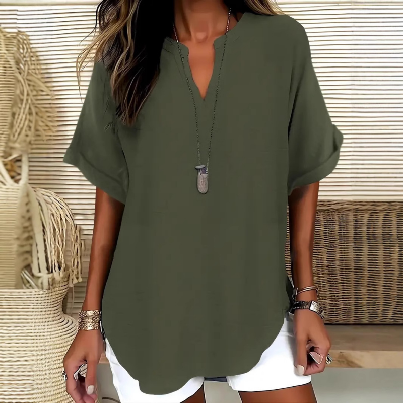 Margaux | Modern Mid Sleeve V-Neck Blouse — Green — Alfa Empire, view 5