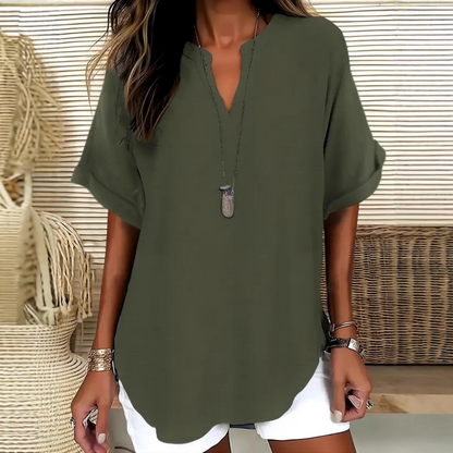 Margaux | Modern Mid Sleeve V-Neck Blouse — Green — Alfa Empire, view 5