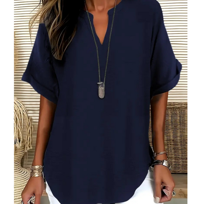 Margaux | Modern Mid Sleeve V-Neck Blouse — Navy Blue — Alfa Empire, view 6