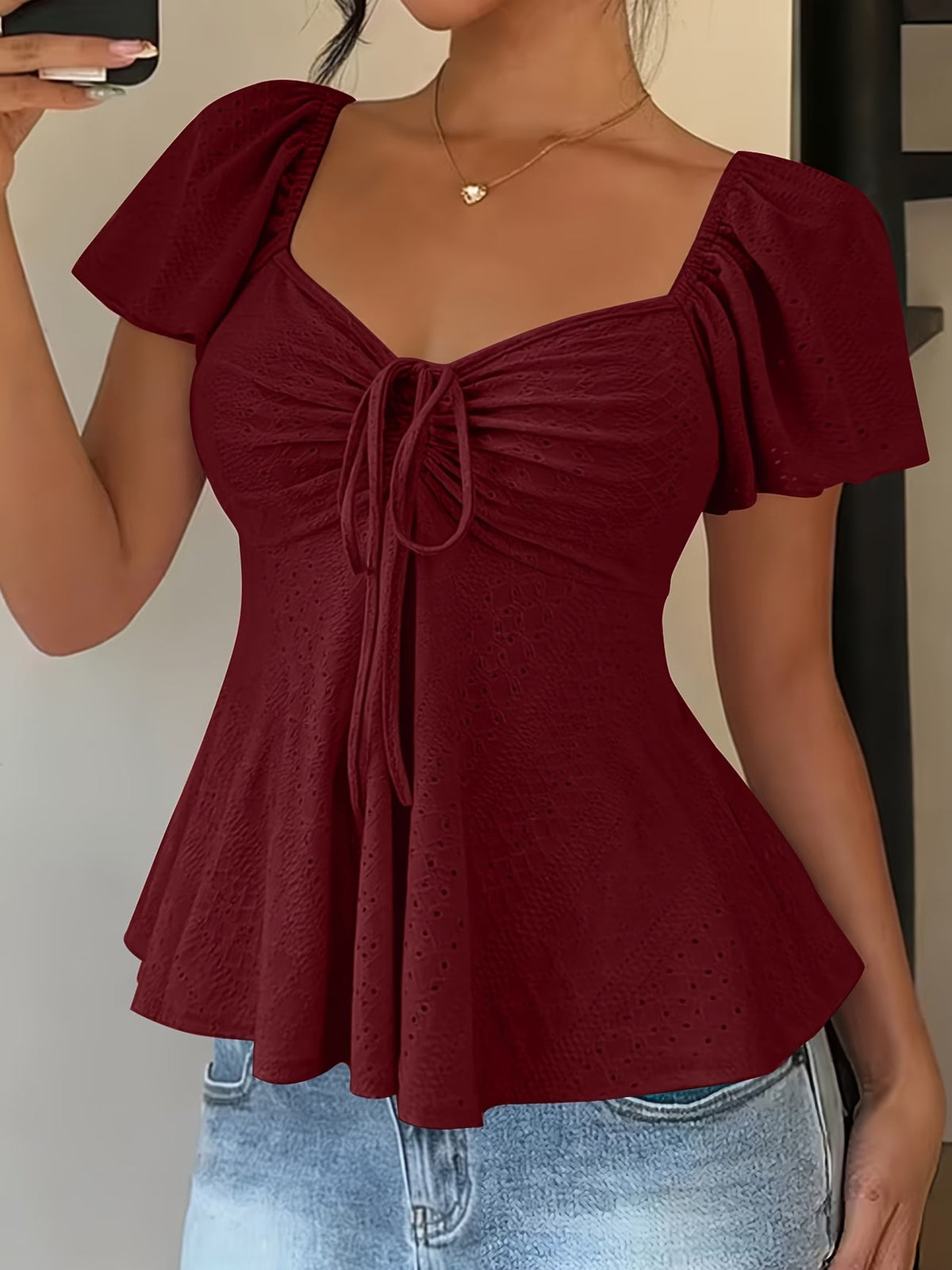 Mariah | Breathable V-Neck Drawstring Top — Burgundy — Alfa Empire, view 1