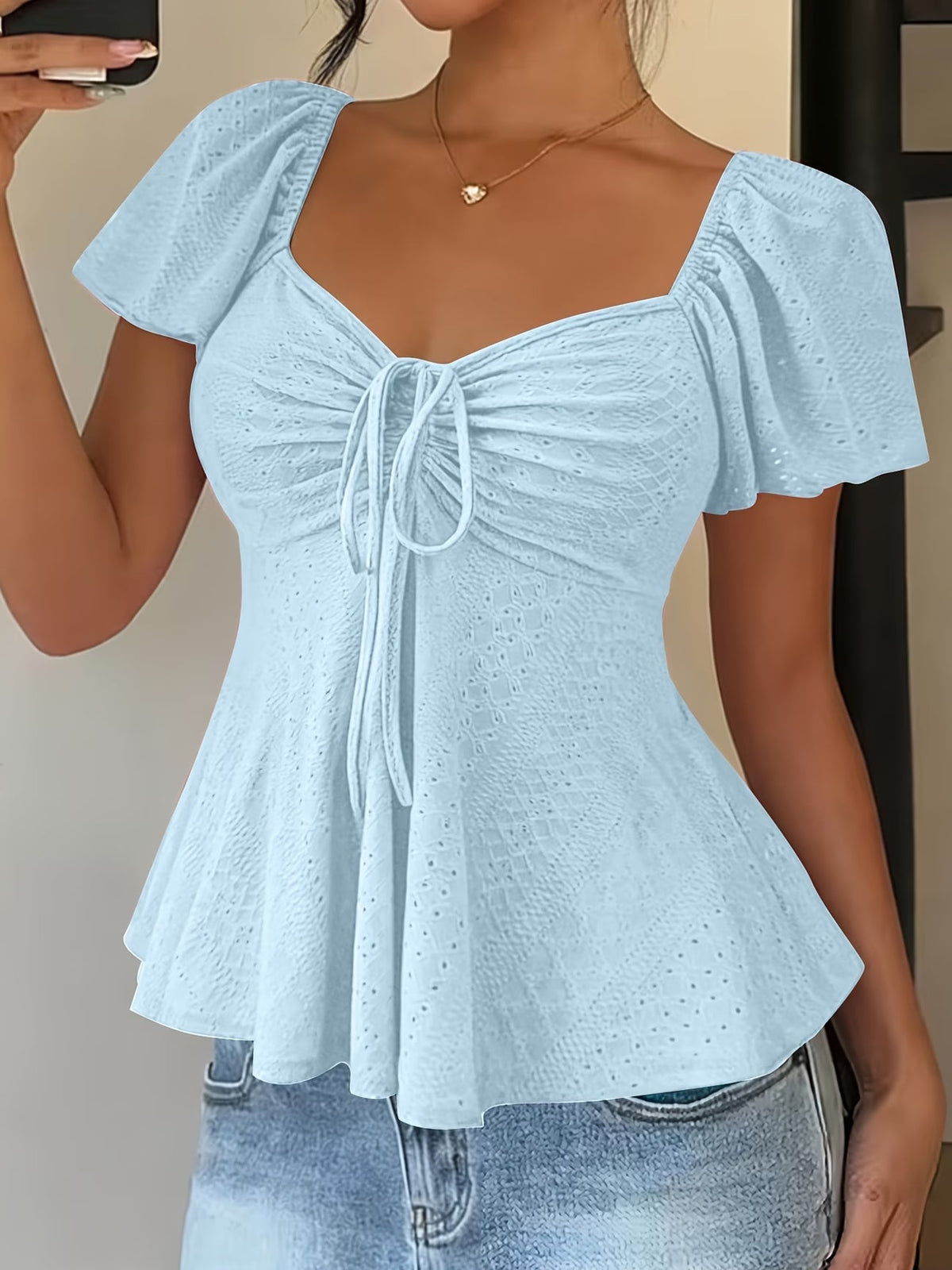 Mariah | Breathable V-Neck Drawstring Top — Light Blue — Alfa Empire, view 8
