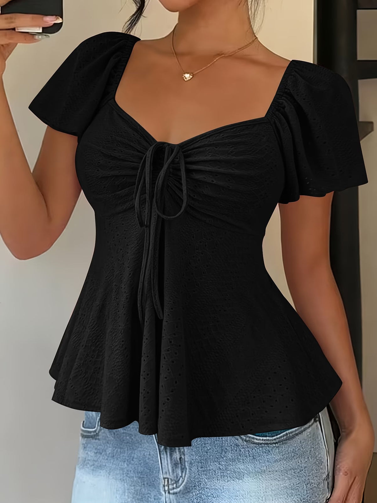 Mariah | Breathable V-Neck Drawstring Top — Black — Alfa Empire, view 10