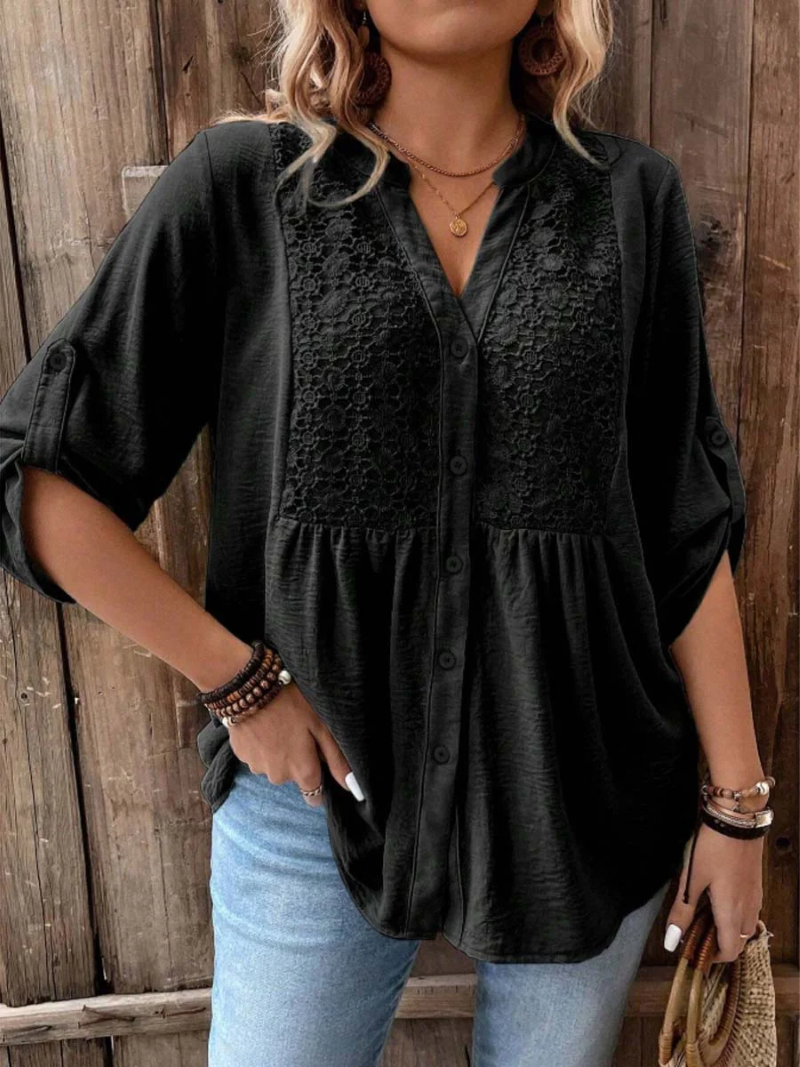 Marnie | Refined Wide Sleeve V-Neck Blouse — Black — Alfa Empire, view 1