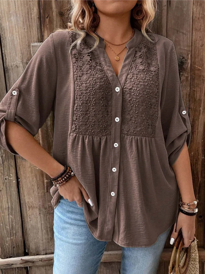 Marnie | Refined Wide Sleeve V-Neck Blouse — Taupe — Alfa Empire, view 3