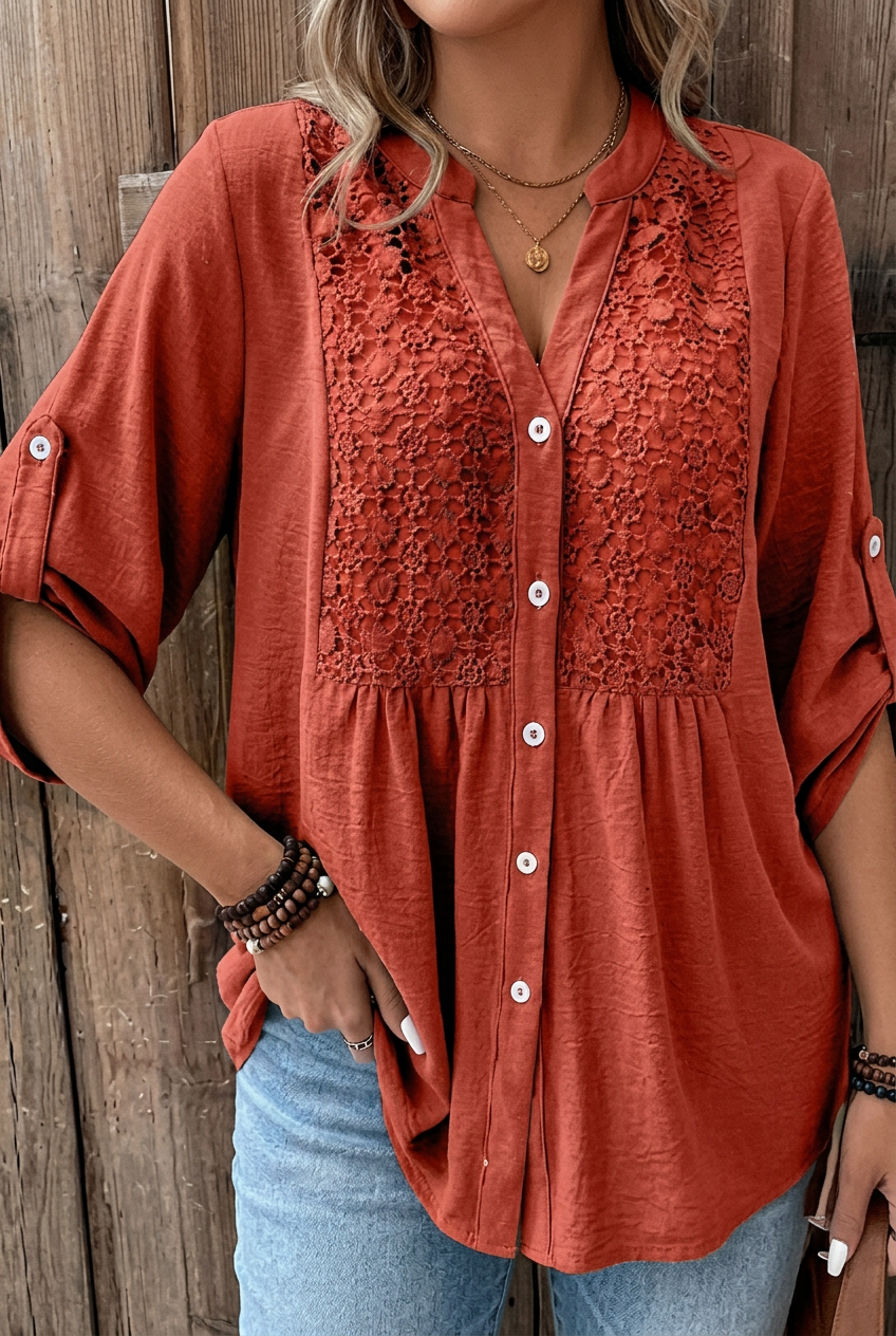Marnie | Refined Wide Sleeve V-Neck Blouse — Rust Orange — Alfa Empire, view 4