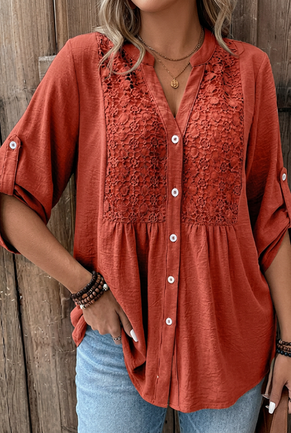 Marnie | Refined Wide Sleeve V-Neck Blouse — Rust Orange — Alfa Empire, view 4