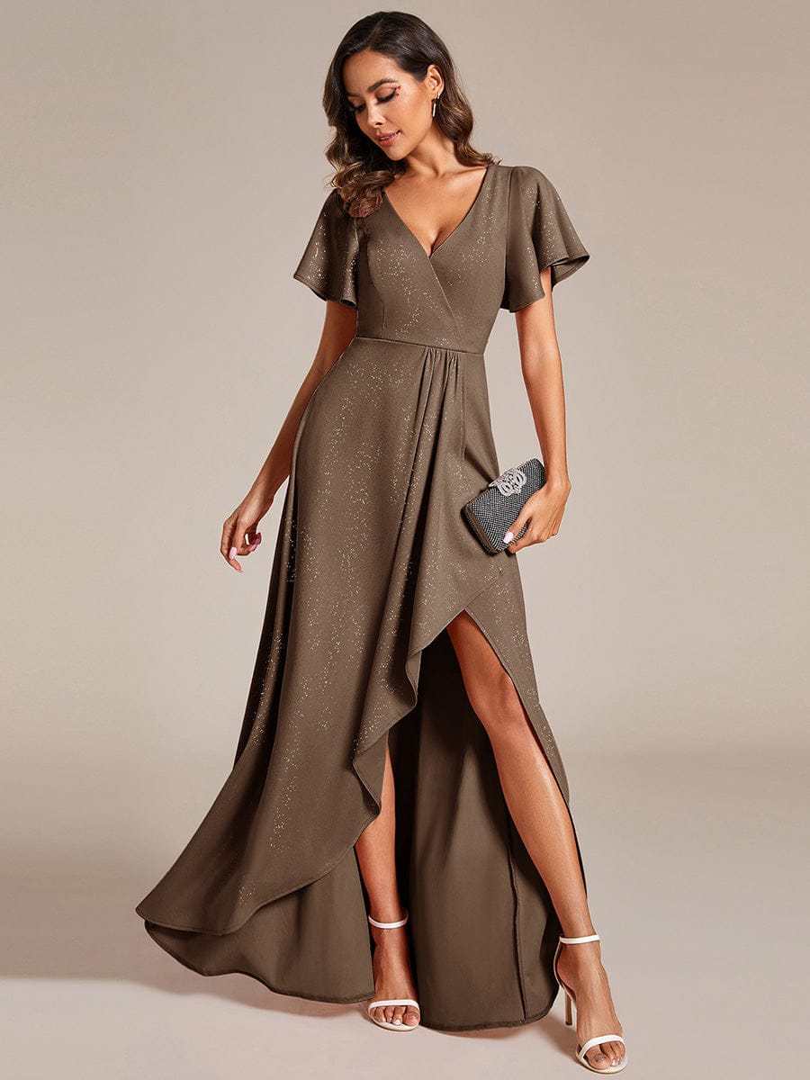 Glitter High-Low Front Side Slit Ruffled V-Neck Evening Dress — Coffee