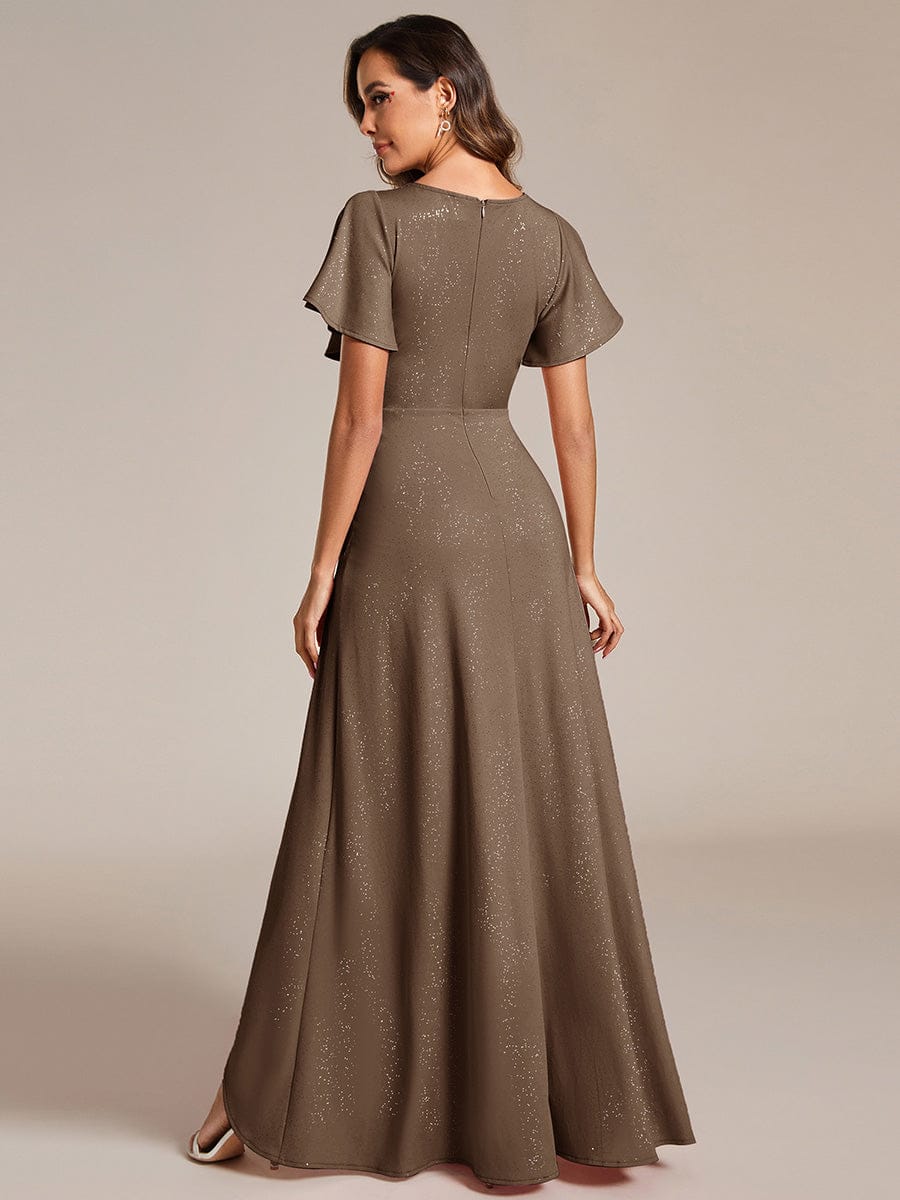Glitter High-Low Front Side Slit Ruffled V-Neck Evening Dress
