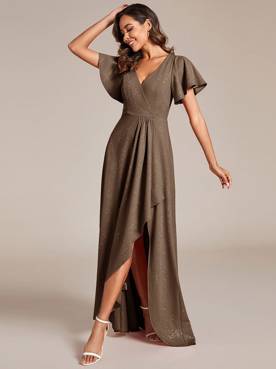 Glitter High-Low Front Side Slit Ruffled V-Neck Evening Dress