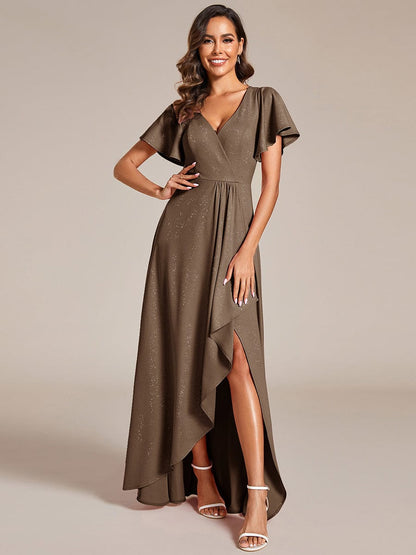 Glitter High-Low Front Side Slit Ruffled V-Neck Evening Dress