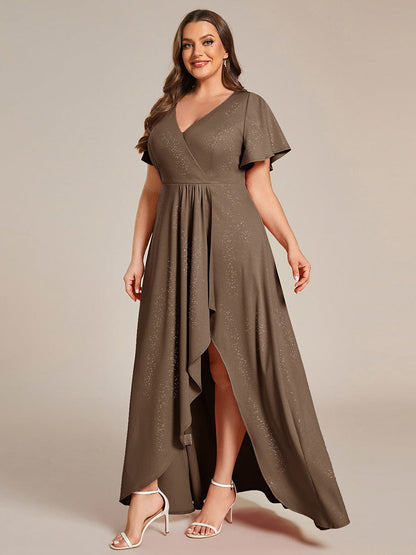 Glitter High-Low Front Side Slit Ruffled V-Neck Evening Dress