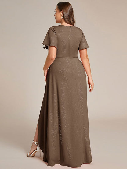 Glitter High-Low Front Side Slit Ruffled V-Neck Evening Dress