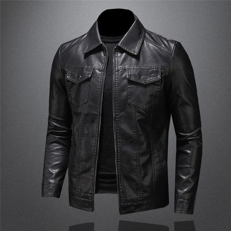 Men's Biker Jacket with Stand Collar and Zip Closure — Black — Alfa Empire, view 1