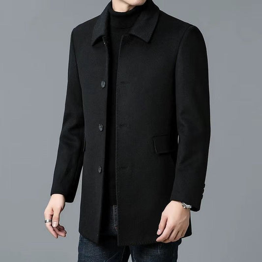 Men's Button-Front Overcoat with Notched Collar — Black — Alfa Empire, view 2