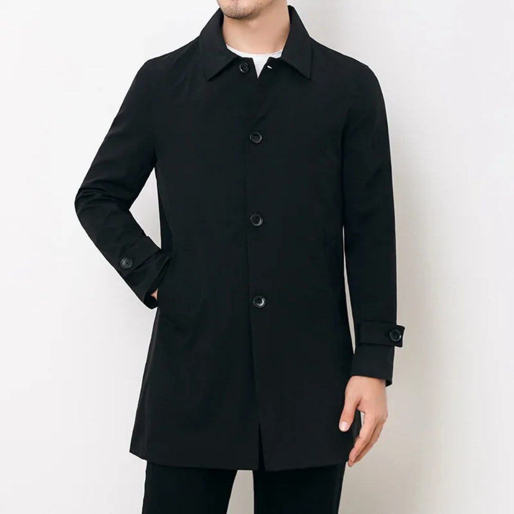 Men's Button-Front Trench Coat with Notch Collar — Black — Alfa Empire, view 1