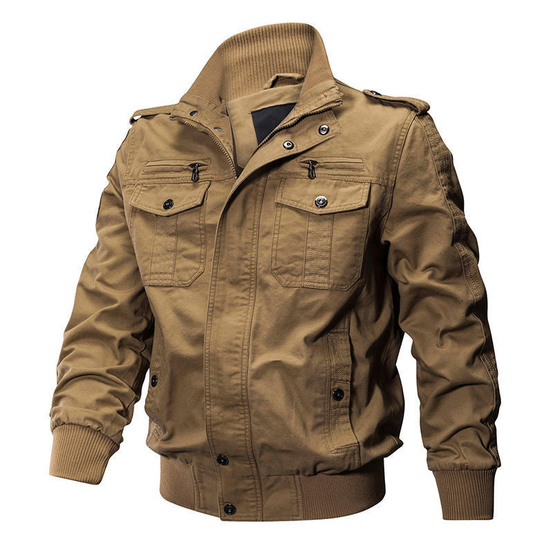 Men's Canvas Field Jacket with Stand Collar Zipper Front — Khaki — Alfa Empire, view 3
