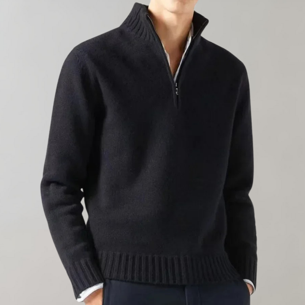 Men's Half-Zip Pullover Sweater with Ribbed Collar — Black — Alfa Empire, view 1